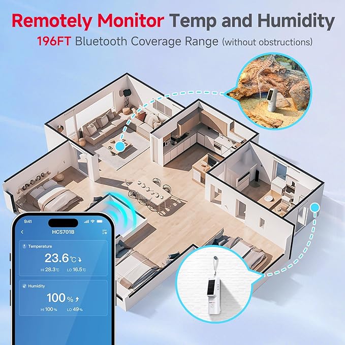 BaldrTherm Solar Bluetooth Temperature & Humidity Monitor, Wireless Thermometer with Date Storage, Real-Time Alerts, 262 Feet Connecting Range, Apply for Room Greenhouse, Pet Cages, 2pack