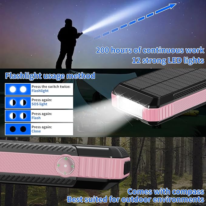 Solar Power Bank 49800mAh, Portable Charger with Built-in 4 Cables, 22.5W Fast Charging Solar Panel Charger for Traveling, Camping and Emergency(Pink)