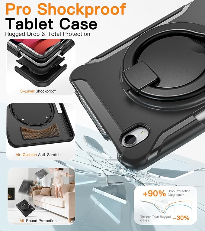 BATYUE Shockproof Case for iPad mini 7 (A17 Pro)/ Mini 6 8.3 inch (2024/2021) - 360° Multi-Angle Stand (Portrait & Landscape) & Grip, Built-in Pencil Holder, Black