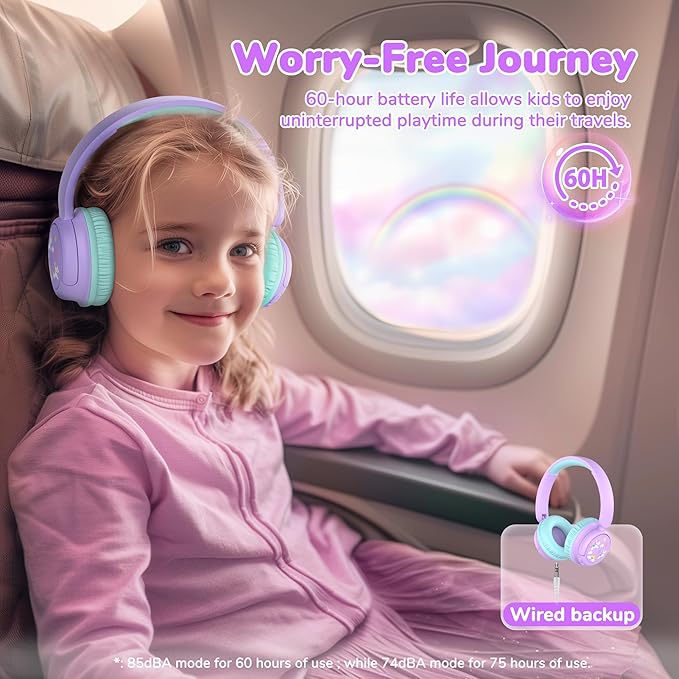 iClever BTH22 Kids Bluetooth Headphones, 60H Play Time, 74/85 dBA Safe Volume, Bluetooth 5.4, USB C, Over Ear Kids Headphones Wireless with Mic AUX Cord for iPad/Tablet/Travel/School, Purple/Green