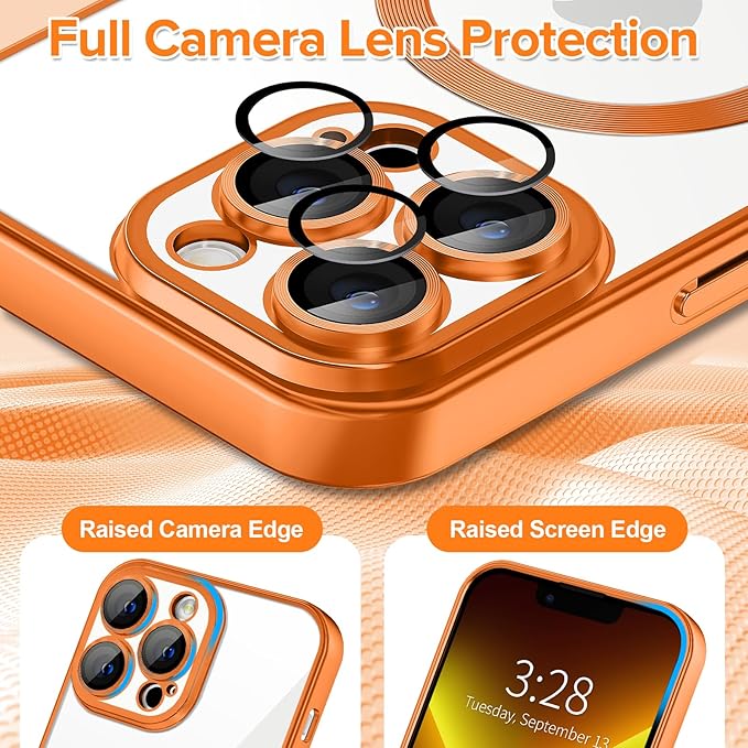 Hython Magnetic Clear for iPhone 13 Pro Case with Camera Lens Protector [Compatible with MagSafe] Luxury Plating Edge Slim Soft TPU Cover Protective Phone Case for iPhone 13 Pro 6.1", Matte Orange