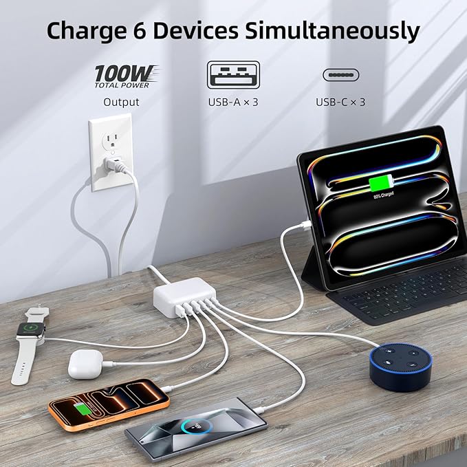 Updated USB C Fast Charger Block, 100W GaN 6 Port PD USB C QC USB A Wall Charger Adapter Plug Cube, Type C Charging Station Hub for iPhone 17 16 15 14 13 Pro Max iPad Samsung Pixel 5ft Extension Cord