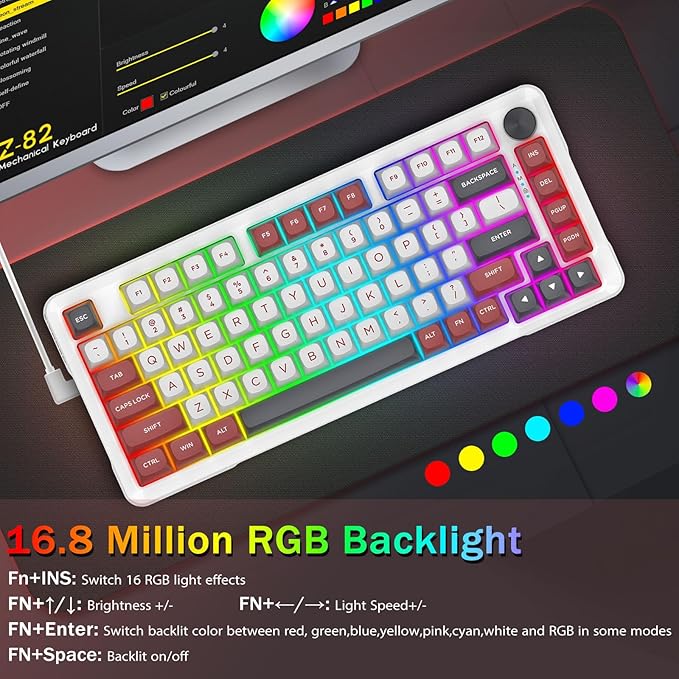 E-YOOSO 75% Wired Mechanical Gaming Keyboard, Creamy Sound, Hot Swappable Pre-lubed Linear Switches, Gasket Structure, Knob Control, RGB Backlit, Compact Custom for PC, White/Red
