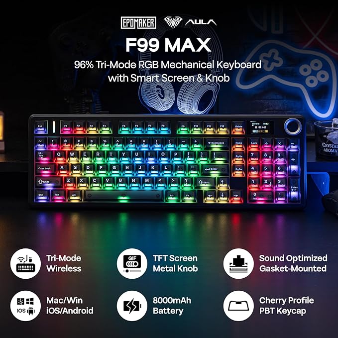 EPOMAKER Aula F99 MAX Wireless Mechanical Keyboard, Smart Screen & Knob, 8000mAh, 2.4Ghz/BT Creamy Keyboard, Pre-Lubed Switch, Hot-Swappable, RGB Backlit, Custom Software (Black)