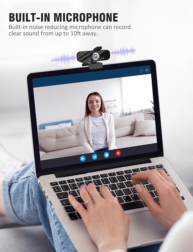 Tewiky Full HD Webcam with Built-in Microphone and Rotatable Tripod, 2K Video and Wide Angle Camera, Privacy Cover, for Desktop PC or Laptop Computer