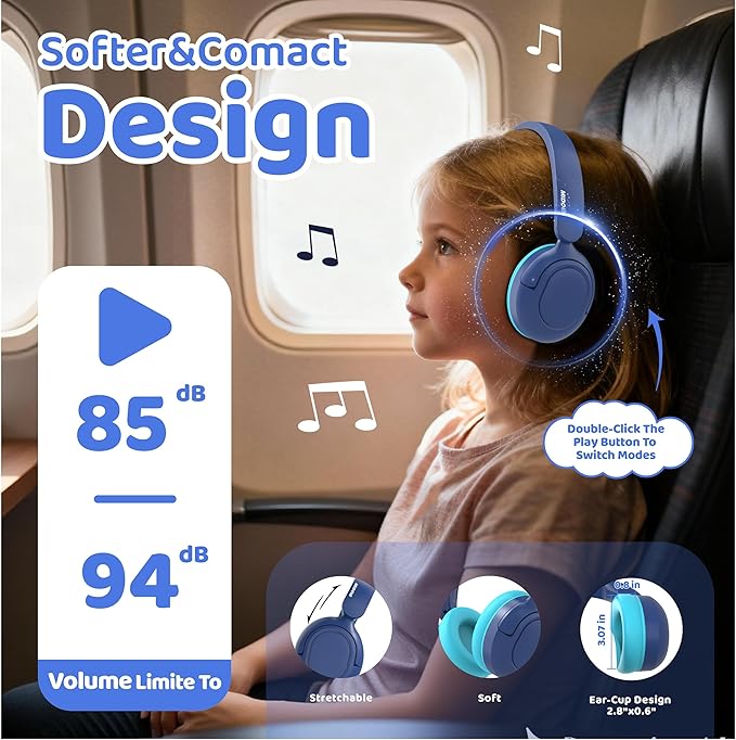 MIDOLA Kids Bluetooth Headphones Active Noise Cancelling Lightweight Wireless Headphone for Kid Volume Limited 85/94dB Foldable Over-Ear Headset with Aux/Mic,68 Hours Playtime,for Toddler Child Blue