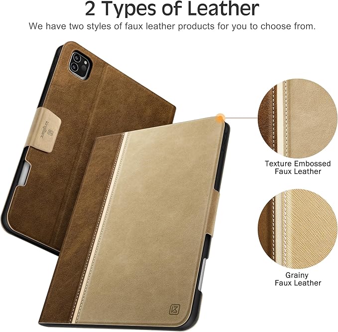 KingBlanc Case for iPad Pro 11 inch (M5 2025/M4 2024) with Pencil Holder, Vegan Leather Smart Stand Cover, Auto Sleep Wake, Support Pencil Pro/(USB-C), Viewing/Typing Angle, Durable Protection, Beige