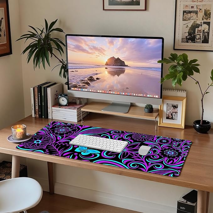 ARTSO Purple Large Gaming Mouse Pad with Stitched Edges, 35.4" x 15.7" Large Extended Computer Pad, Floral Mousepad Protector with Rubber Base for Laptop Office Accessories