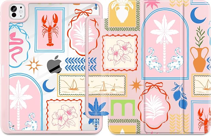 Case for iPad Pro 13 inch (M5) 2025 (M4) 2024 Release Slim Lightweight Cute Light Pink Cover with Clear Back TPU Edge Pencil Holder Trifold Stand, Creative Collage