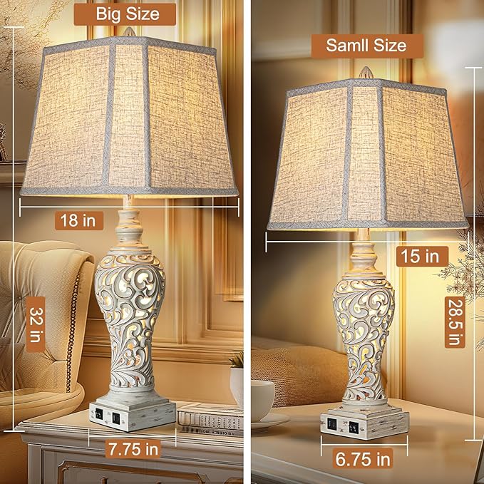 LuxSight Collection 32" Tall Table Lamps Set of 2 - Bedside Lamp with Fabric Shades - for Bedroom and Living Room with USB and Nightlight - Perfect for Nightstands and Bedrooms - Bulbs Included