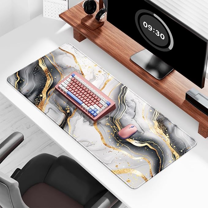 Auhoahsil Ultra Large Gaming Mousepad, XXL Desk Mat, Pretty Extended Full Size Desktop Matt for Keyboard, Laptop & Computer, 35.5 x 15.7 in, White Gray Marble