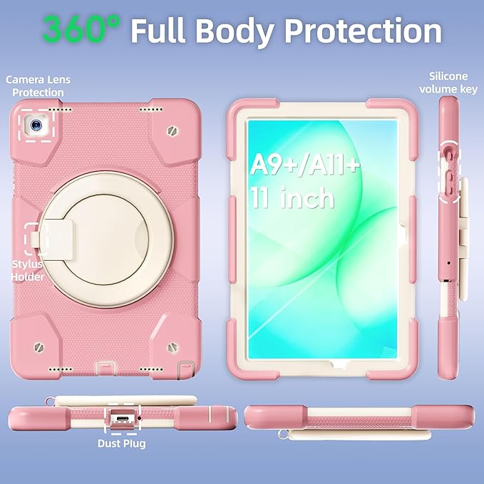 Andnary Case for Samsung Galaxy Tab A11+ Plus/A9+ 11 Inch 2025/2023, Tablet Case for Samsung Galaxy A9 Plus/A11+ with Screen Protector/360° Rotating Stand/Pen Holder/Shoulder Strap (Pink)