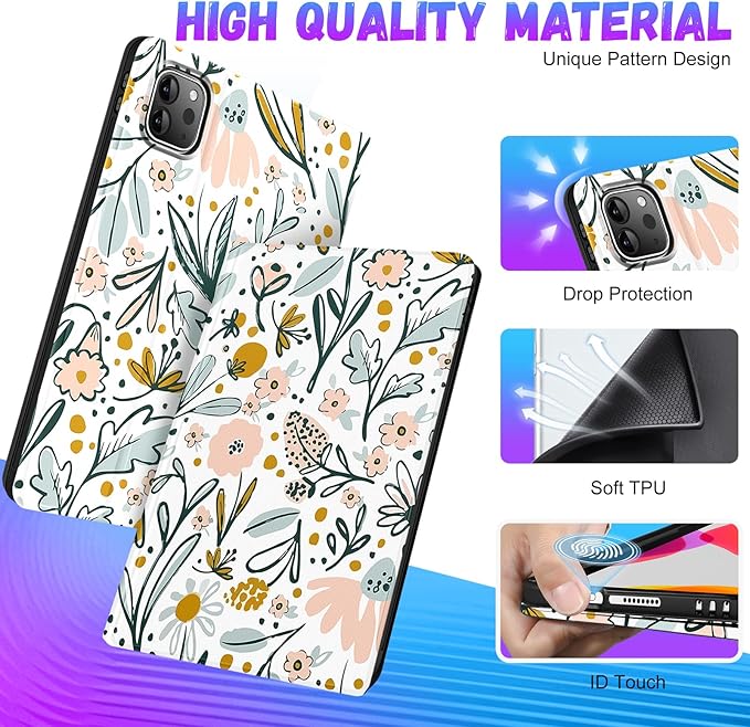 Uppuppy for iPad Air 11 inch (M2/M3) Case, Air 5th/4th Generation 10.9, Pro 11'' Case Cute Kids Women Girls Girly Folio Floral Pencil Holder Cover for iPad Air 11 2024/2025, 10.9 2022 2020, Pro 11