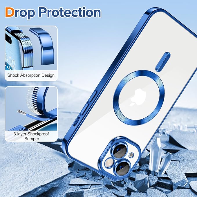 Hython Magnetic Clear for iPhone 15 Plus Case with Camera Lens Protector [Compatible with MagSafe] Luxury Plating Edge Slim Soft TPU Cover Protective Phone Case for iPhone 15 Plus 6.7", Deep Blue