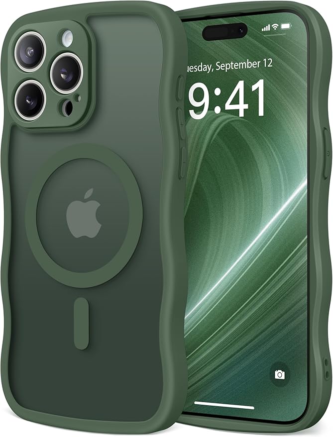 CAPRARO Cute for iPhone 15 Pro Max Case, Compatible with MagSafe, [Curly Wave Edge] [Full Camera Protection] [14 FT Drop Protection] Magnetic Phone Case for 15 Pro Max 6.7 Inch, Deep Green