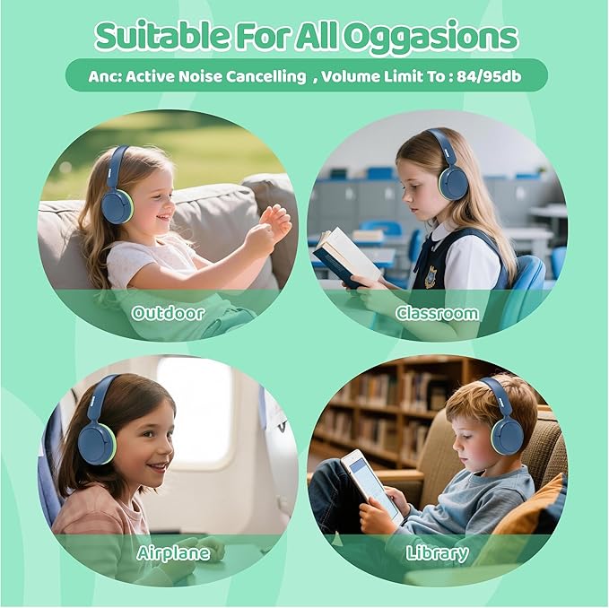 Kids Bluetooth Headphones Active Noise Cancelling,68H Play Time,Lightweight Wireless Foldable Over-Ear Headphone for Kid Toddler,Volume Limited 85/94dB,Headsets with Built-in Mic Blue