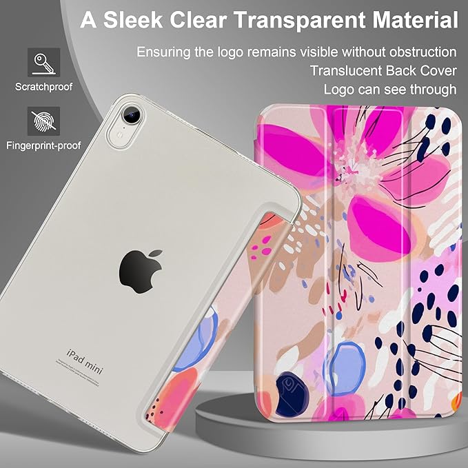 DONGKE for iPad mini 7 (A17 Pro) 2024 & iPad mini 6 2021 8.3 Inch, Slim Foldable Stand Hard PC Translucent Back Shell Smart Cover for iPad mini 7th/6th Generation [Auto Wake/Sleep] - Floral Artistic