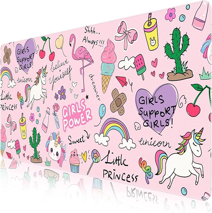 HAOCOO Kawaii Large Desk Mat for Girls, 35.4"x15.7" PU Leather Computer Pad, Waterproof Desk Protector Writing Pad, Cute Office Accessories for Women,Stitched Edges Keyboard Mat for Home