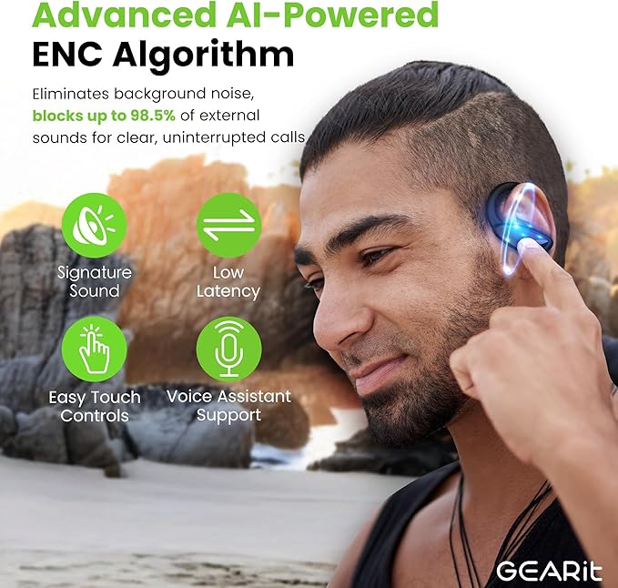 GEARit Sport Hook True Wireless Earbuds Compatible with iPhone & Android - 23H Playtime - IPX7 Water Resistant & Sweatproof - Secure Fit 5.4 Bluetooth Ear Buds - Wireless Bluetooth Earbuds for Workout