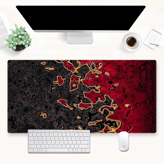 Red and Black Large Gaming Mouse Pad, Fluid Abstract Art Desk Mat 31.5x15.7 inch, Extended XL Non-Slip Micro-Fiber Surface with Natural Rubber Base for Computer Laptop, Home or Office Use