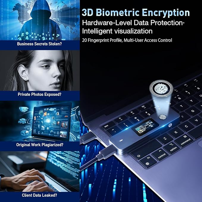 VCOM Fingerprint Encryption SSD Enclosure with LCD Screen, 10Gbps USB 3.2 Gen2 Hard Drive Case, Support M.2 NVMe & SATA SSD, Hardware Encrypted External Drive for Mac and Windows PC