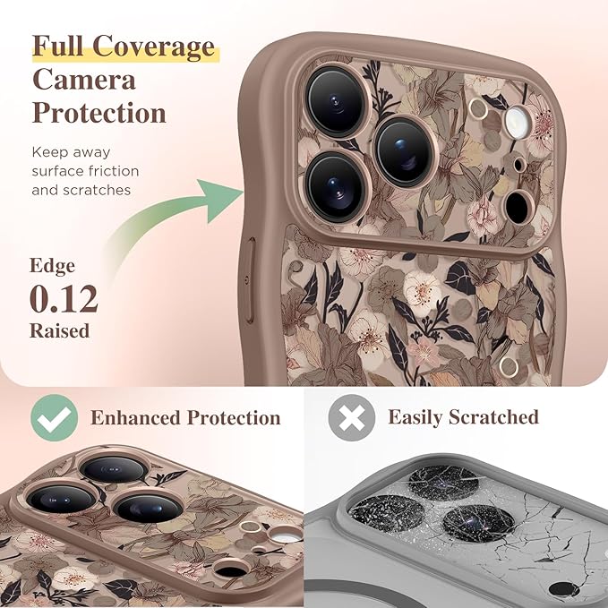 GVIEWIN for iPhone 17 Pro Case Compatible with MagSafe [Curly Wave Edge][Full Camera Protection] Floral Translucent Shockproof Magnetic Women Phone Case for iPhone 17 Pro 6.3'', Apricot Blossom/Brown