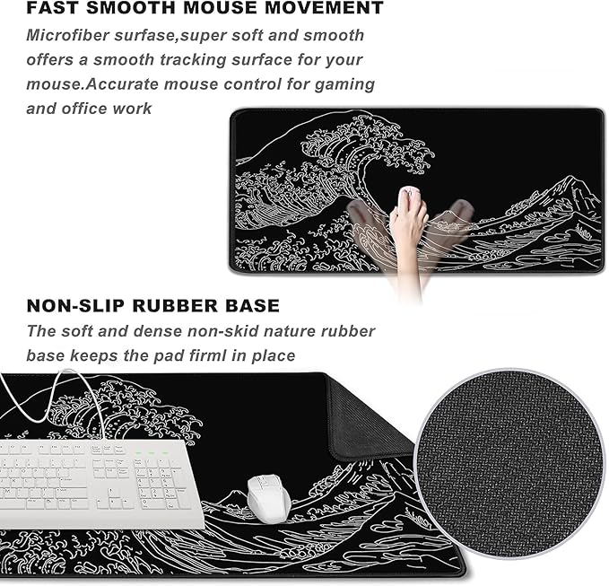 Large Gaming Mouse Pad, XXL Extended Computer Keyboard Mouse Mat with Stitched Edges, 31.5" x 15.7" Non-Slip Waterproof Rubber Base Long Mousepad for Work, Game, Office, Home, Waves Line