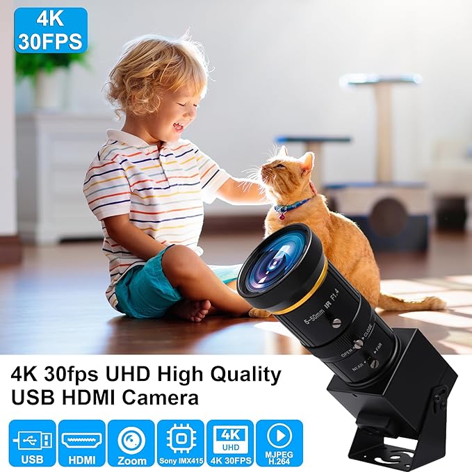 MMlove 4K HDMI USB Camera 30FPS Webcam 10X Variable Focus 5-50mm Lens H.265 2X Digital Zoom PC Streaming Close up Zoom in and Out Web Camera for Conference Classes