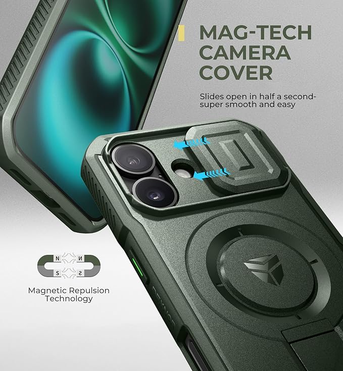 Dexnor for iPhone 16 Case with Slide Camera Cover & Adjustable Kickstand, Magnetic Rugged Shockproof Bumper Cases Heavy-Duty Magnetic Protective Cover,Army Green