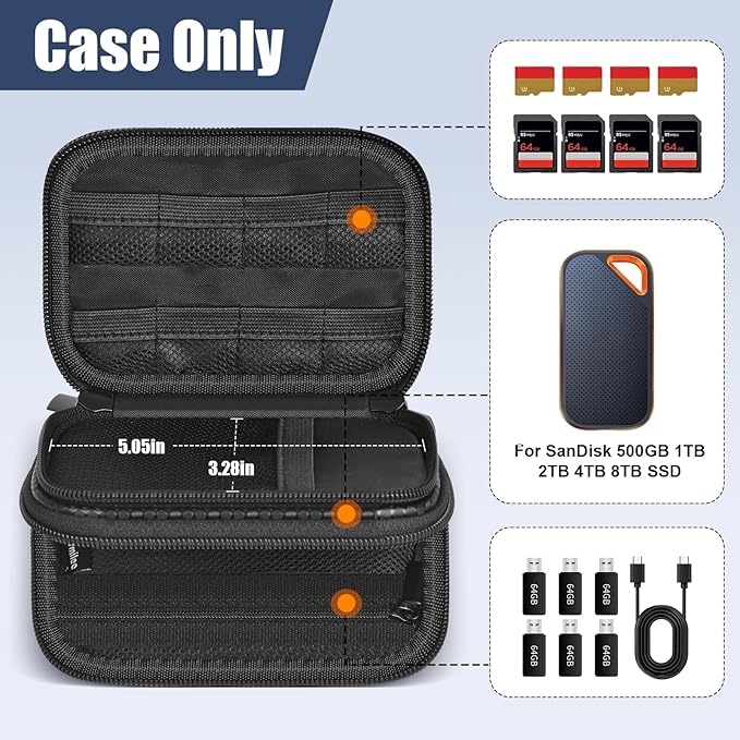 casmilee Hard Drive Case for SanDisk Extreme PRO Portable SSD (500GB-8TB)/ for Samsung T7 T9/ for Crucial X9 X10 Pro, Anti-Shock Travel Organizer for Photographers & Creators, Holds 2 SSDs, SD Cards