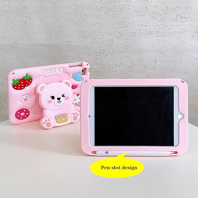 3D Cute Bear Case for iPad Pro 11 inch/Air 6th/7th 11 inch 2024/2025 M2/M3/4th/5th 10.9 inch,Kawaii Cartoon Pretty Sweet Bear Soft Silicone Case with Lanyard for Kids Teens Girls Women