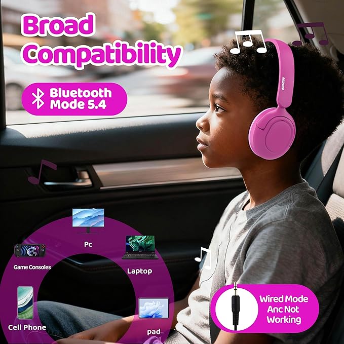 MIDOLA Kids Bluetooth Headphones Active Noise Cancelling Lightweight Wireless Headphone for Kid Volume Limited 85/94dB Foldable Over-Ear Headset with Mic,68 Hours Playtime,for Toddler Child Rose Pink