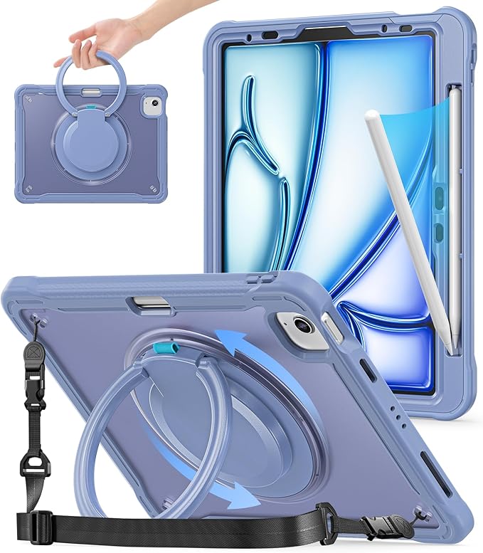BATYUE Case for iPad Air 11-inch M4(2026)/M3(2025)/M2(2024), iPad Air 4/5 10.9" & Pro 11" 2018-2022 - Shockproof Case with 360° Rotating Stand & Handle, Pencil Holder, Shoulder Strap, Lavender