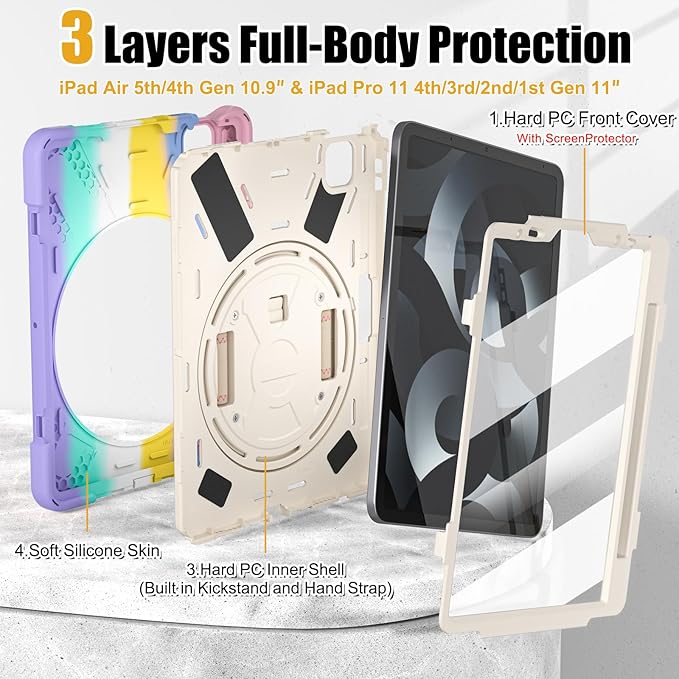 BRAECNstock Kids Case for iPad Air 11 inch (M4/M3/M2)/ Air 5th/4th Gen 10.9"/ Pro 11 inch 4th/3rd/2nd/1st Gen, Shockproof with Screen Protector, Pencil Holder, Rotating Hand Strap+Stand, Colorful Pink