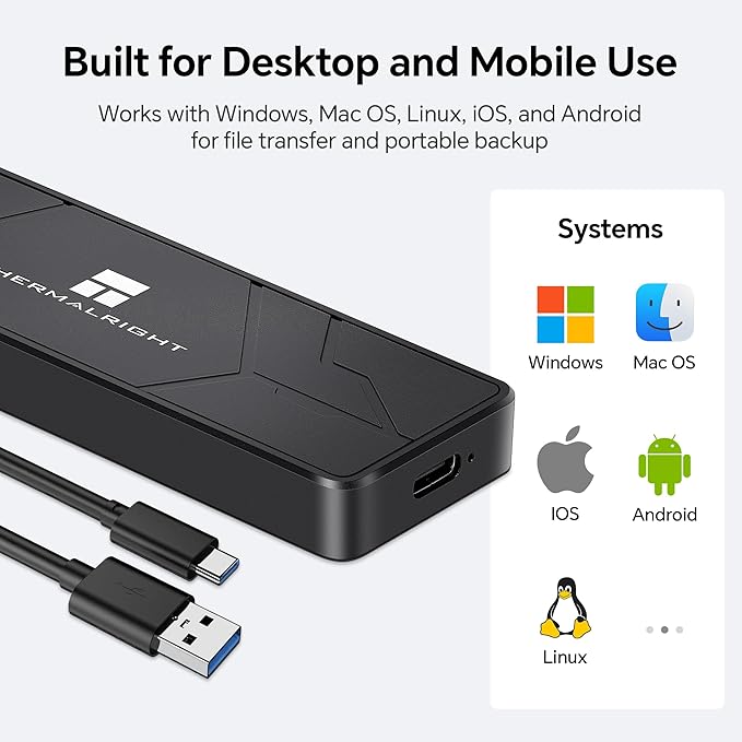 Thermalright M.2 NVMe SSD Enclosure, HR-EB110 AC Black, USB3.2 Gen2 10Gbps USB-C External SSD Case, CNC Aluminum Housing, Supports PCIe 2230 2242 2260 2280, Up to 8TB