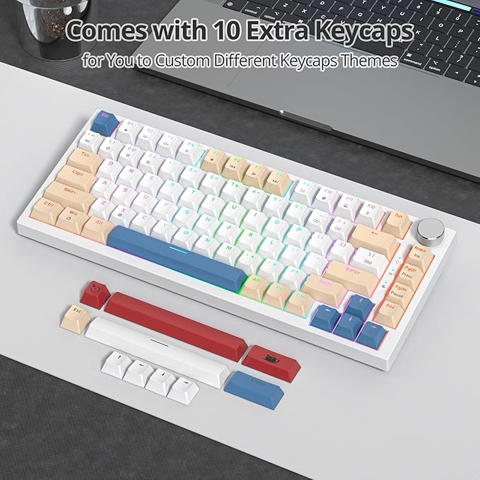 75% Mechanical Creamy Keyboard with Volumn Knob, Gasket Hot Swappable RGB Gaming Keyboard, Wired Custom Keyboard with Red Switch, 82 Keys Compact Creamy White