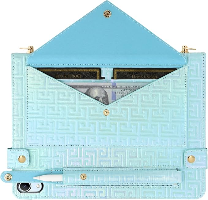 Shiny Case for iPad (A16) 2025 11"/iPad 10th Generation Handbag with Hand Strap, Techcircle Crossbody Iridescent Folio Stand Wallet Case with Pencil Holder+Card Slots+Shoulder Strap, Shiny Blue
