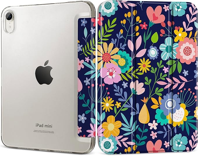 DONGKE for iPad Mini 7 (A17 Pro) 2024 & iPad Mini 6 2021 8.3 Inch, Slim Foldable Stand Hard PC Translucent Back Shell Smart Cover for iPad Mini 7th/6th Generation [Auto Wake/Sleep] - Beautiful Flowers