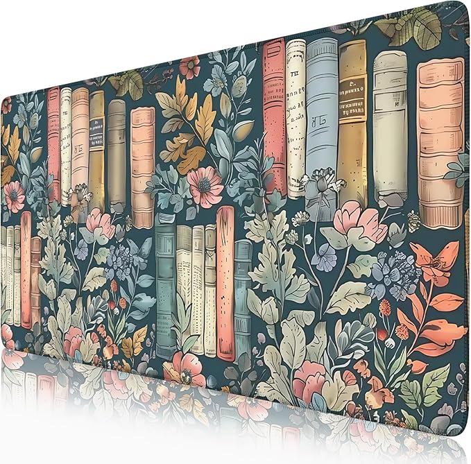 Floral Books Desk Mat Cute Desk Pad XXL Mouse Pad Colorful Mouse Keyboard Pad Flower Bookshelf Desktop Mat for Computer Laptop Aesthetic Reader's Home Decor 31.5x15.7 in