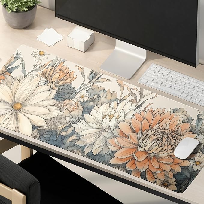 Japanese Minimalist Floral Desk Mat Watercolor Flowers XL Large Extended Gaming Mouse Pad 31.5x11.8 Inch Floral Laptop Computer Keyboard Mouse Mat Non-Silp with Stitched Edges for Home Office Work