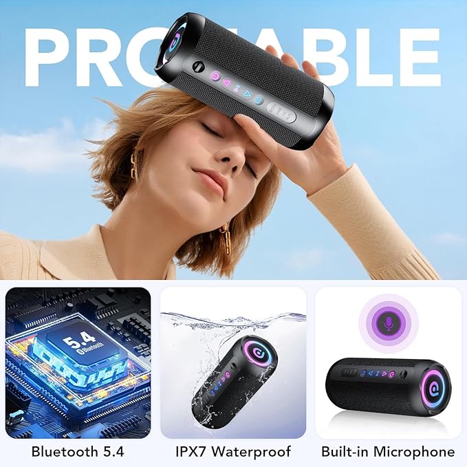 Portable Bluetooth Speaker, Bluetooth 5.4 Speaker, 30W Dual Speaker, 2.0 Channel, Deep Bass, 30H Playtime, Colorful RGB Lights, IPX7 Waterproof, TWS pairing for Outdoor/Home/Party/Travel, Gift Ideas