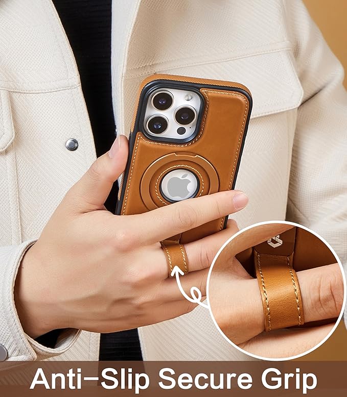 Butaiga for iPhone 15 Pro Leather Case with Stand, Anti-Slip Grip Ring, Fits for MagSafe (Brown, iPhone 15 Pro)