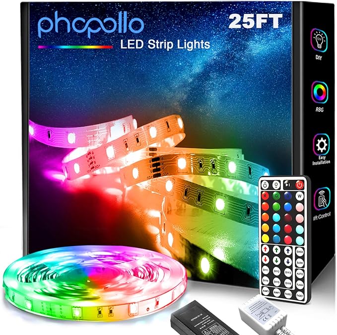 phopollo 5050 LED Strip Lights, 25ft Led Lights for Bedroom with 44 Keys IR Remote Controller and 12V Power Supply
