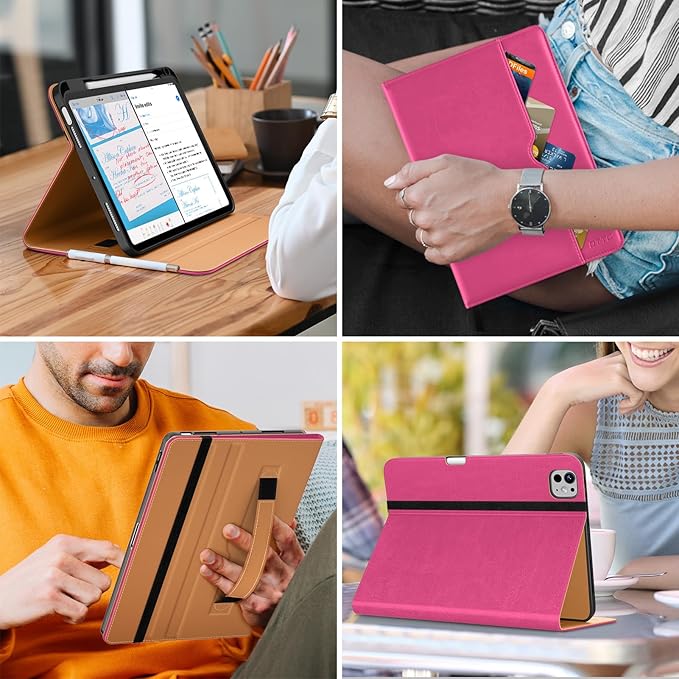 DTTO for iPad Pro 11 inch Case (M5/M4) 2025/2024, Premium Leather Business Folio Stand Cover with Pencil Holder - Auto Wake/Sleep and Multiple Viewing Angles, Rose Red