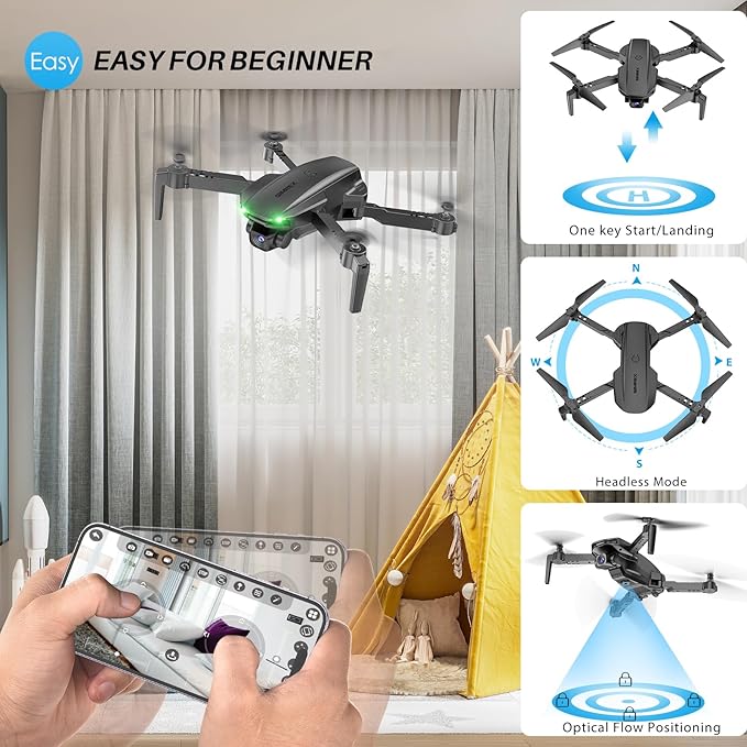 SIMREX Drone With Camera for Kids Beginner & Adults – Foldable RC Quadcopter with Altitude Hold, Optical Flow Positioning , Indoor Mini Drone with One Key Start, Headless Mode, 3D Flip, Gift for Boys & Girls & Teenagers