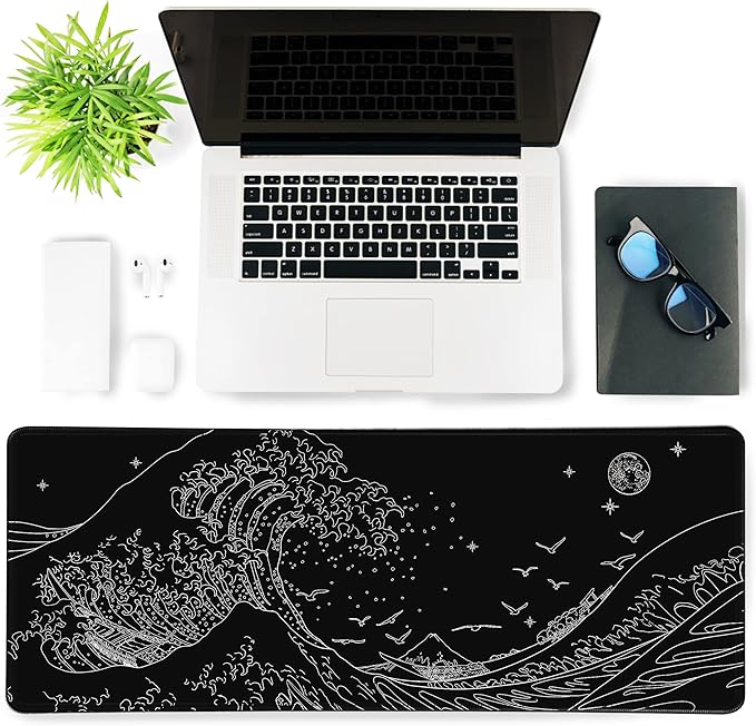 MEWOOCUE® Large Gaming Mouse Pad for Computer,Black Japanese Sea Wave Anime Mouse Mat,Long XXL Waterproof Keyboard Pads,Big Non-Slip Mouse Pads for Game Office Home（15.7 x 35.4 in）
