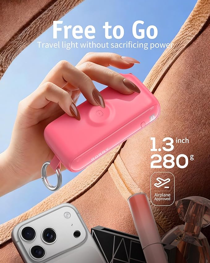 RORRY Flow Portable Charger, 10000mAh 40W Fast Charging Power Bank with Built-in USB C Cable and Foldable Wall Plug, Battery Pack Travel Essentials for iPhone 17/16/15, Apple Watch, iPad, MacBook
