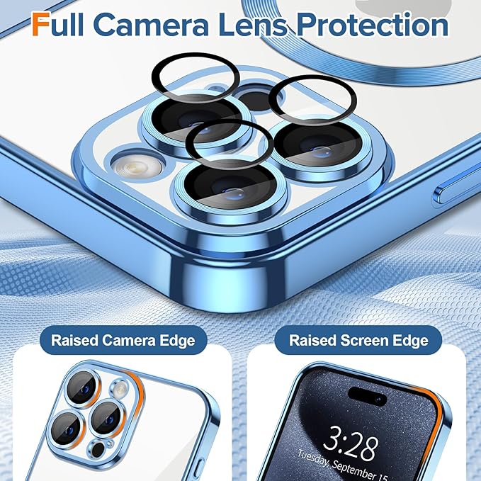 Hython Magnetic Clear for iPhone 15 Pro Case with Camera Lens Protector [Compatible with MagSafe] Luxury Plating Edge Slim Soft TPU Cover Protective Phone Case for iPhone 15 Pro 6.1", Light Blue