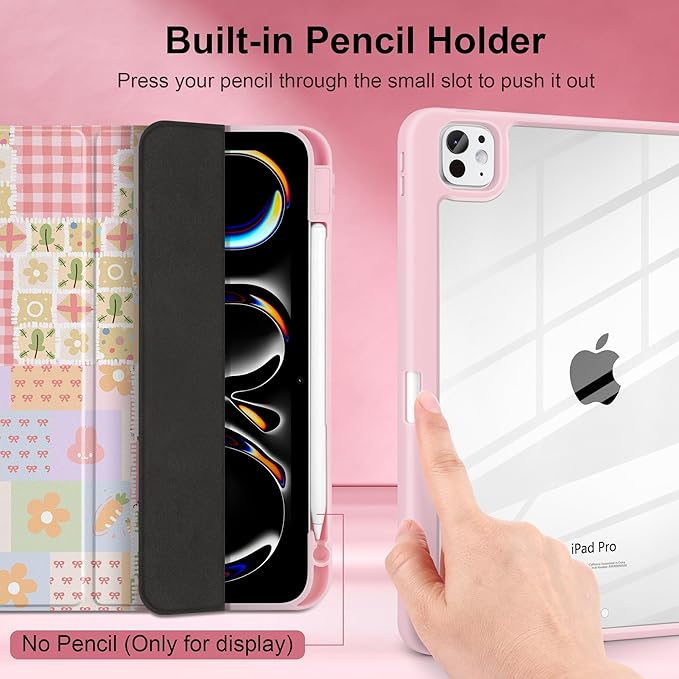 Case for iPad Pro 13 inch (M5) 2025 (M4) 2024 Release Slim Lightweight Cute Light Pink Cover with Clear Back TPU Edge Pencil Holder Trifold Stand, Cute Bunny