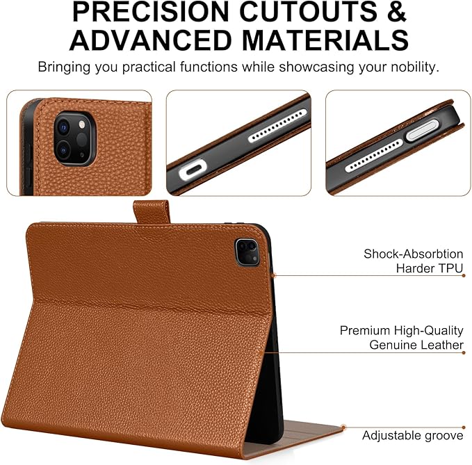 Genuine Leather Case for iPad Pro 13 inch (M5/M4) 2025/2024 with Pencil Holder | Slim Protective Cover with Adjustable Stand,Magnetic Closure,Auto Wake/Sleep, Premium Leather | Brown